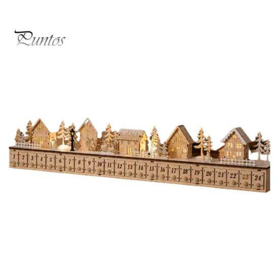 Holiday Countdown Calendar with Drawers Light-Up Wooden Christmas Village Advent Calendar, 24 Illuminated Snowy Cabin Display LED Lighted Scene