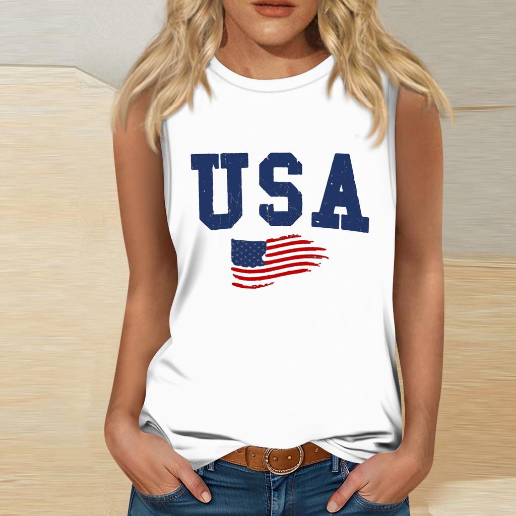 Damenmode Unabhängigkeitstag Print Rundhals Ärmellos T-Shirt Top