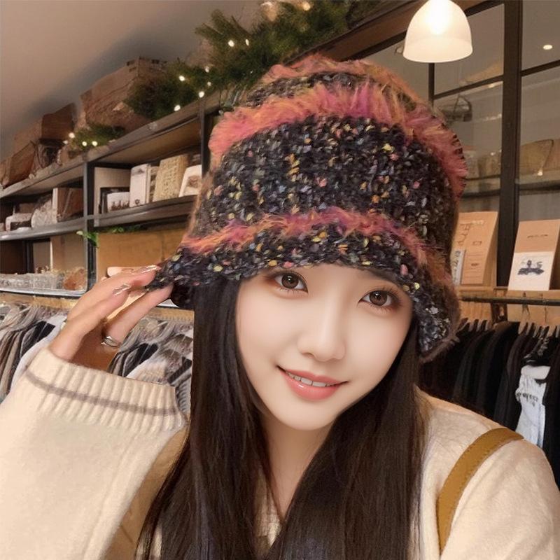 Warm and Cold Hat Versatile Wool Hat Winter Big Head Circumference Women's Face Small Colorful Striped Fisherman Hat Small Flower Pile Hat