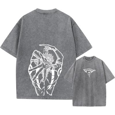 Anime Bedrucktes Streetwear Vintage Gewaschenes T-Shirt Herren Harajuku Manga Grafikdruck Gojo Acid Wash Oberteile T-Shirt