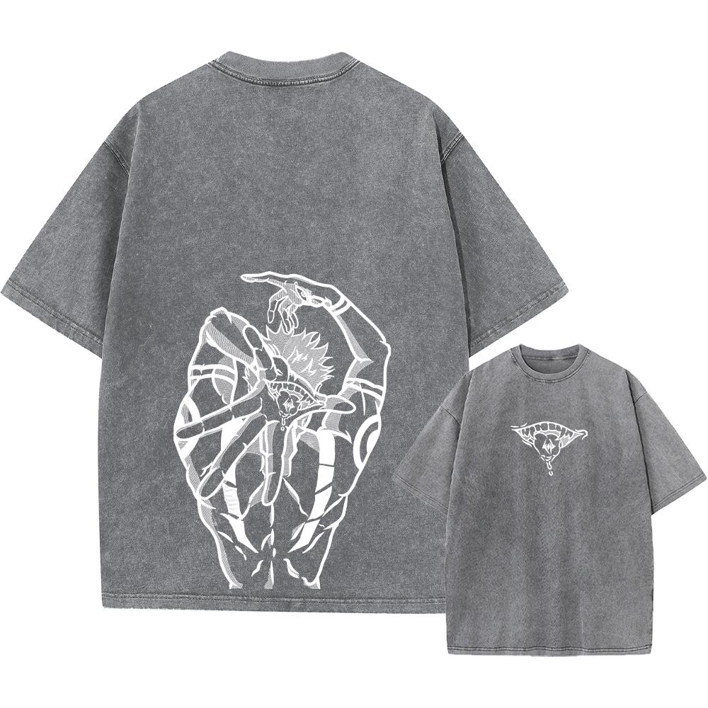 Anime Printed Streetwear Vintage Washed T-shirt Men Harajuku Manga Graphic Print Gojo Acid Wash Tops Tee Shirt