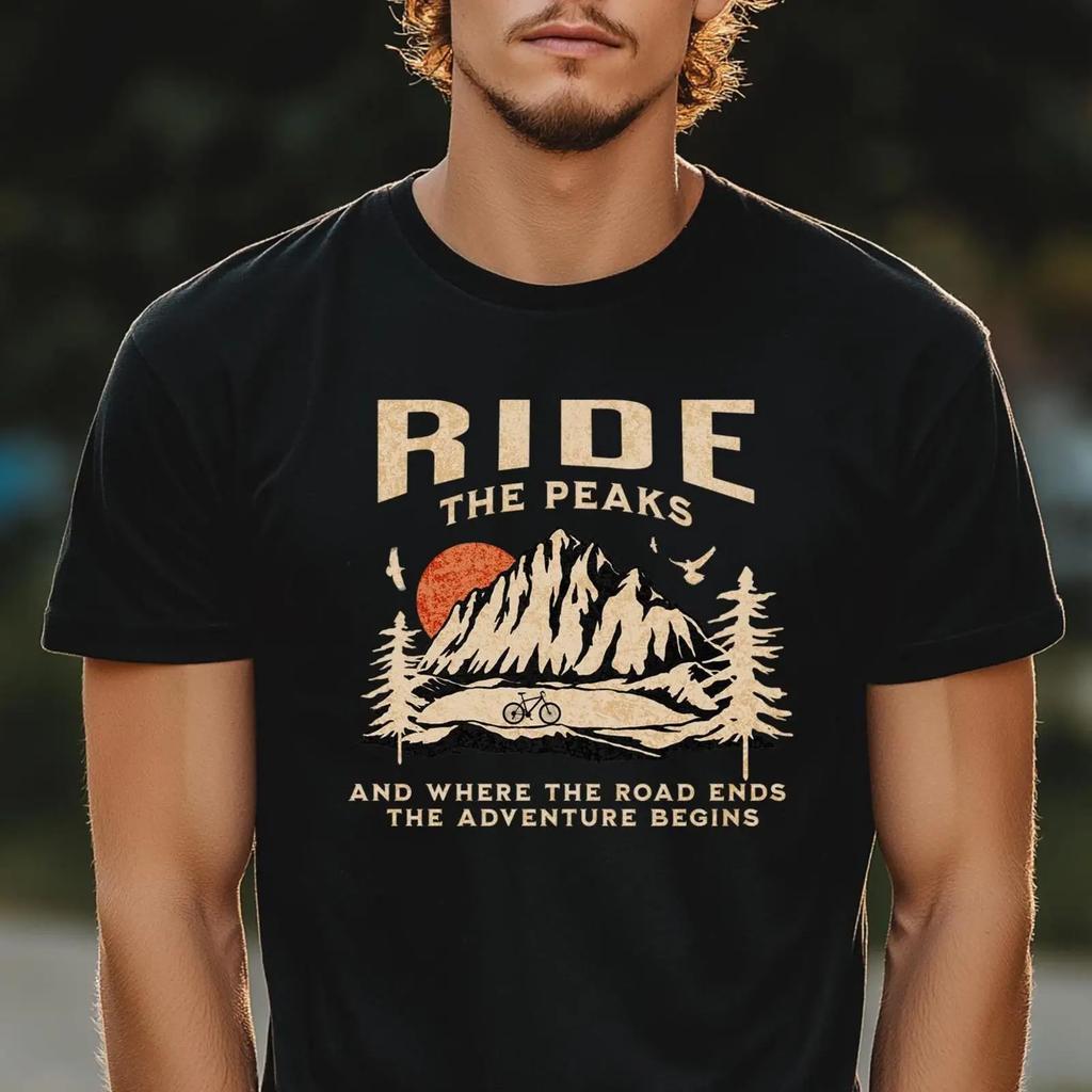 Unisexs Mountain Bike T Shirt Ride The Peaks Mtb Outdoor Biker Nature Lover Cycling Vintage Graphic Top For Everyday Wear