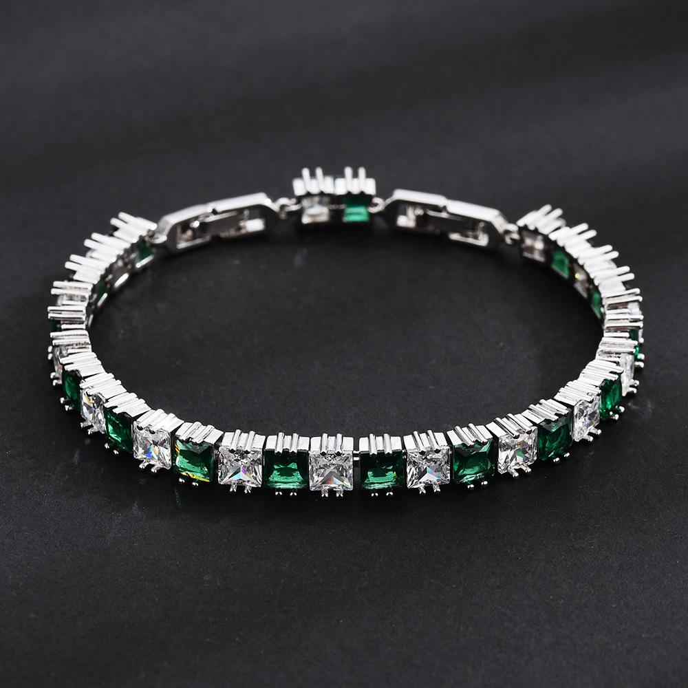 Chuangcan Square Emerald Full Diamond Tennis Bracelet, The Same Hip-Hop Color Zircon Inlaid Bracelet For Men And Women, Trendy Jewelry.