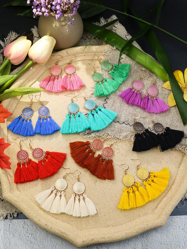 Bohemian Round Colored Glaze Alloy Earring Set Retro Ethnic Style Long Tassel Earrings Women's Girls' Personalized Zircon