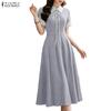 Women Casual Turn Down Collar Summer Short Sleeve Stripe Dress