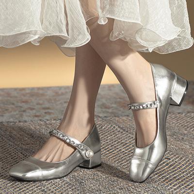 Fashion Silver Low Thick Heels Mary Janes Woman Chain Belt Strap Ballets Shoes Wedding Bridesmaide Pumps Femmes Square Toe Traf Tacones