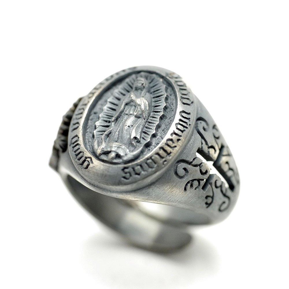 

Кольцо SA 925 Sterling Virgin of Guadalupe Mary Smoked Antique Ring One Size Подходит Большинству [Серебряный] Мужское