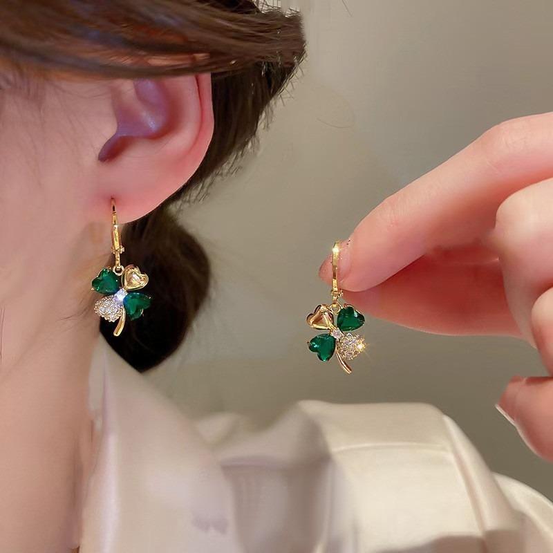Elegant Green Earrings with Micro-inlays in The Form of A Four-leaf Clover Are A Trendy… More
