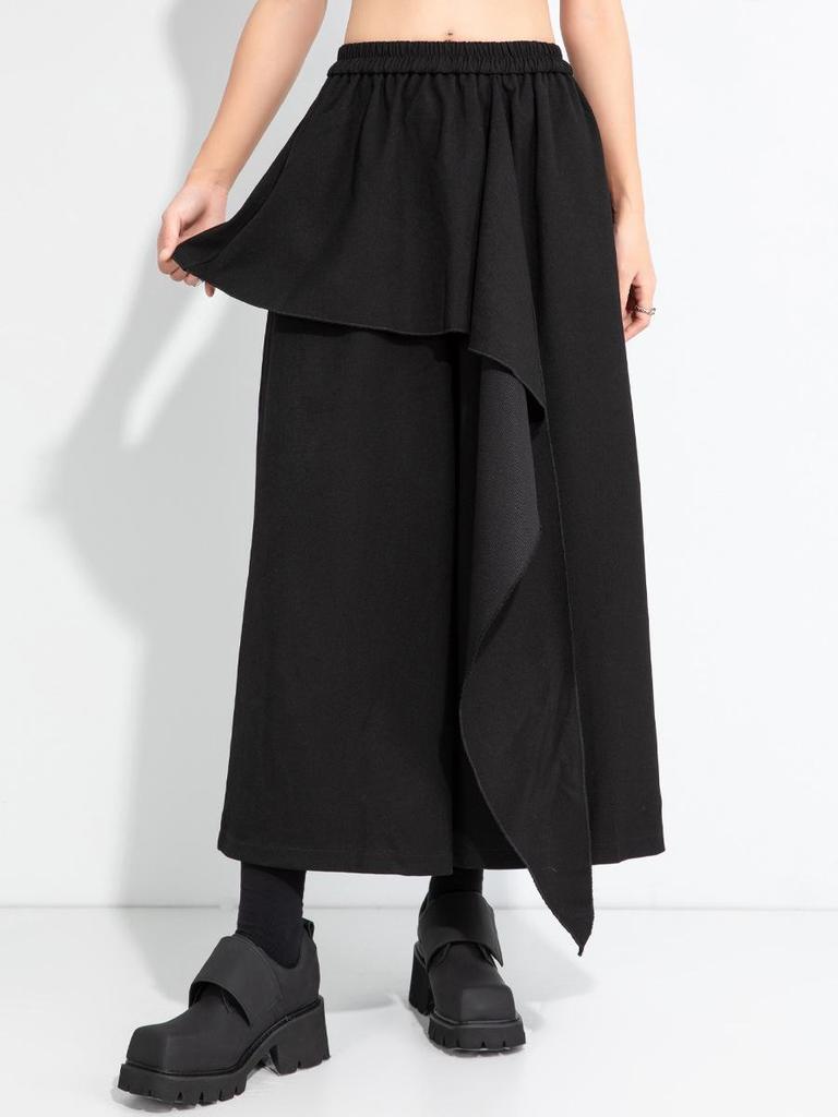 Jesień 2025 Nieregularne Spodnie Spódnicowe o Szerokich Nogawkach Długości 9/10 - Wyszczuplające, Ukrywające Biodra, Jednokolorowe, Plus Size