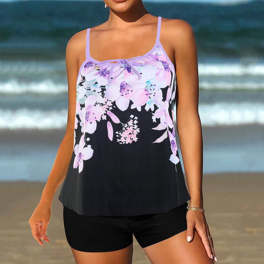 2-teiliges konservatives Tankini-Set Digitaldruck Bauchkontrolle Hohe Taille Boy Shorts Spaghettiträger Strand Badeanzug