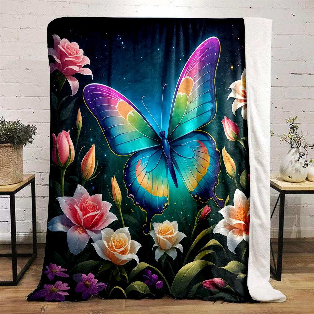Colorful Butterfly in Floral Garden Patterned flannel blanket perfect for the bedroom living room, sofa, or a little nap