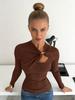 European-American Soft Asymmetrical Long Sleeve T-shirt with Hollow Metal Buckle for Women - Spring/Summer