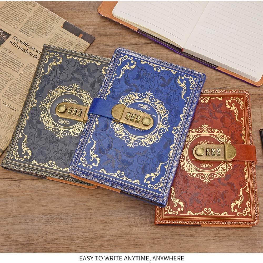Paper Thickness PU Leather Notebook With Lock Student Notebook A5 Retro Password Book  Student
