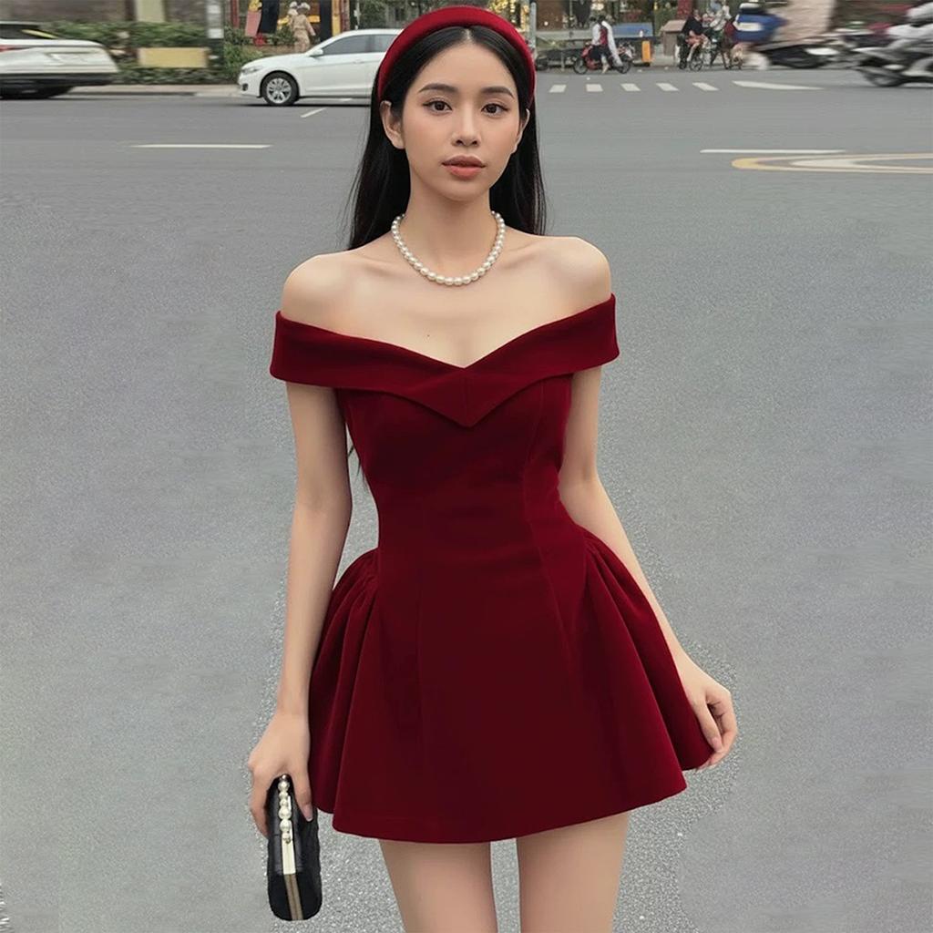 2026 European and American autumn new solid color one-word collar slim waist temperament bow dress women
