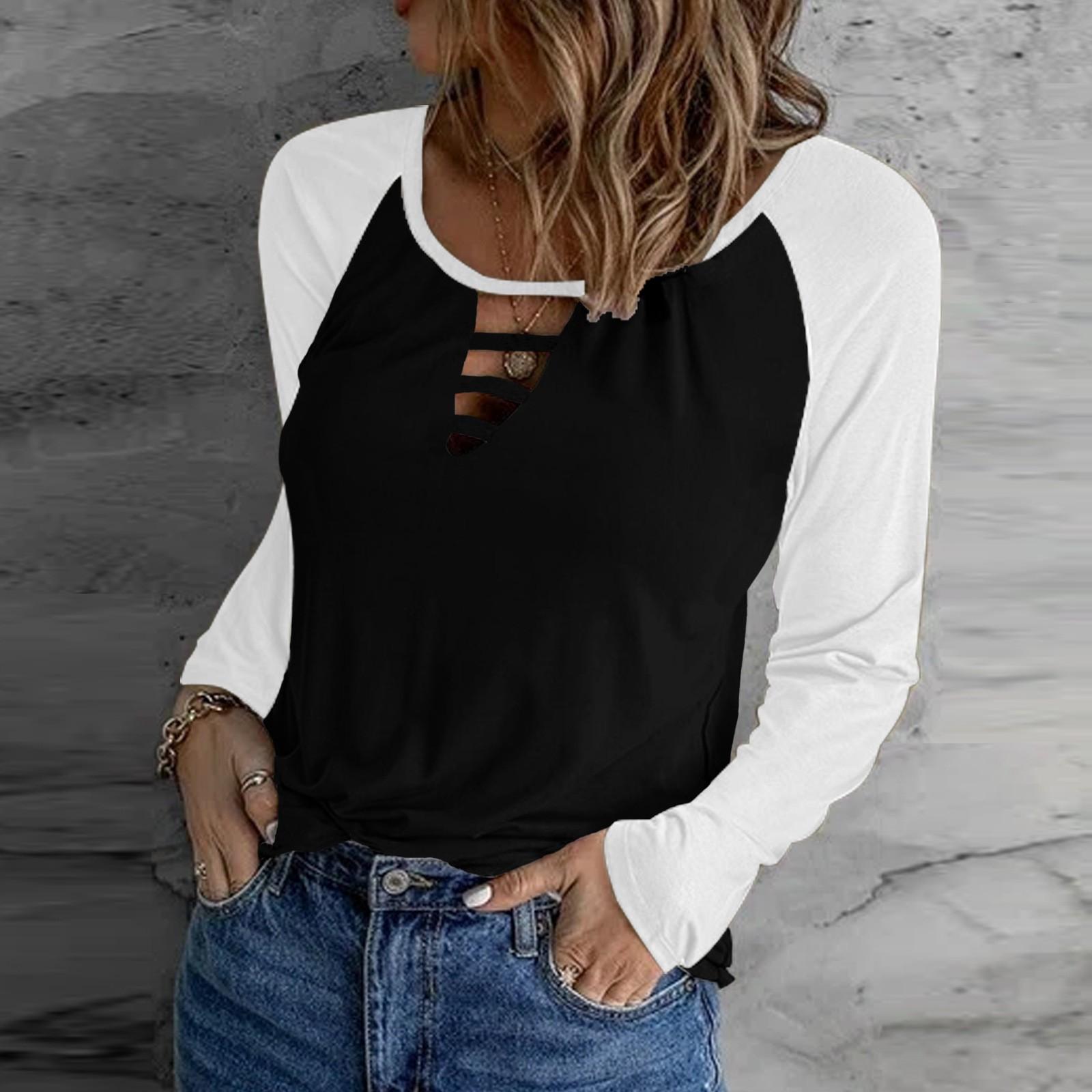 

Женская повседневная свободная футболка с длинным рукавом и круглым вырезом с рукавами реглан M чёрный