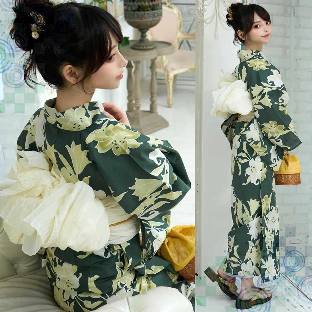 RAVIR Yukata Deep and Elegant Lily Floral Bold Japanese Fluffy Obi and Geta One Size Fits All Women's 3-Piece Set, Design, Style, Belt, Sandals,