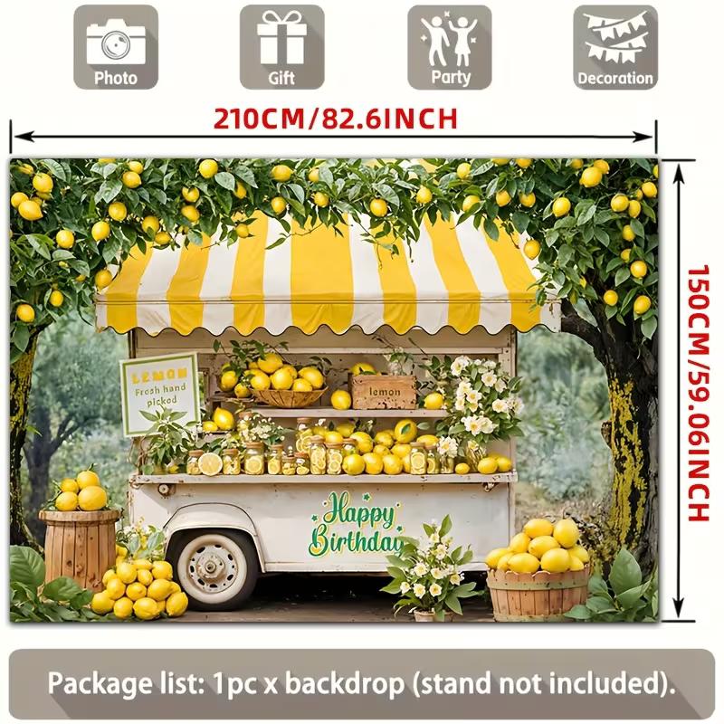 2D Lemon Truck Birthday Backdrop, Yellow Lemonade Cart Party Photo Booth Background Banner