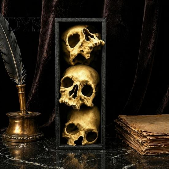 Horror Theme Decor Skulls Book Nook, Gothic Skull Bookshelf Insert, 3 Tier Stacked Sculpture Mysterious Library with Black Frame, Academia Spooky for