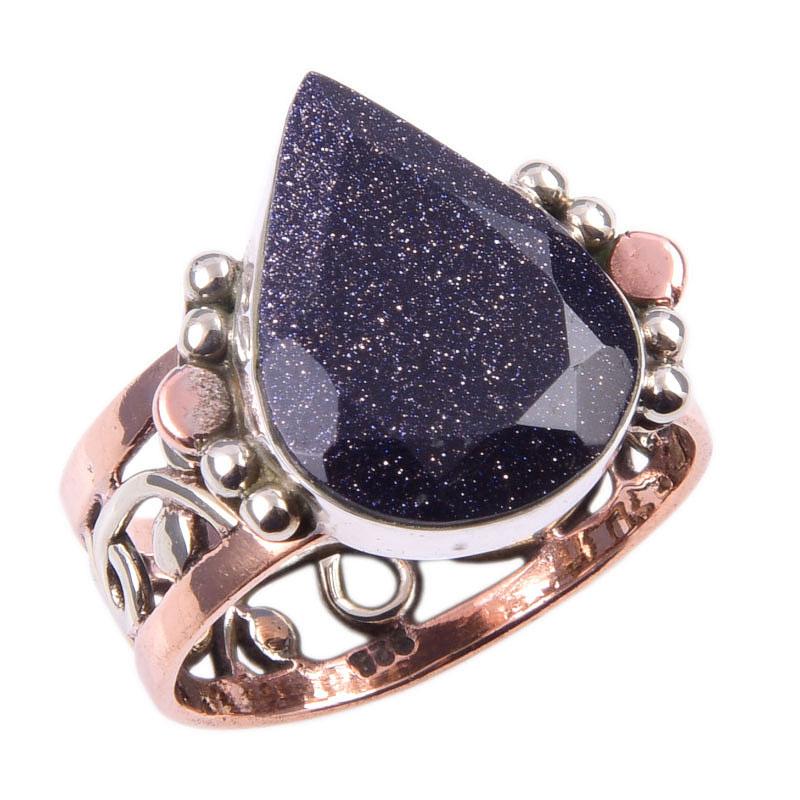 Natural Blue Sunstone Gemstone 925 Sterling Silver TwoTone Gift Ring S.6 m6b62