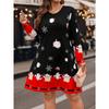 Holiday oriented Christmas Santa Claus and snowflake element plus size women's round neck long sleeved dress