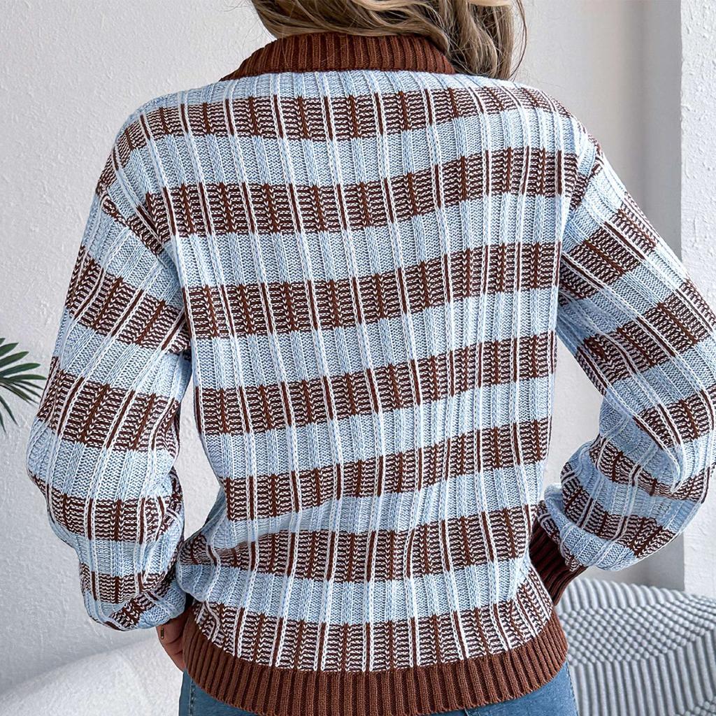 Women's Round Neck Vintage Striped  Long Sleeve Pullover Sweater