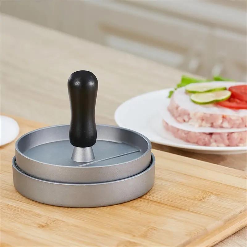 Wood Handle Non-Stick Burger Press, Round Aluminum Patty Mold Manual Hamburger Meat Press Tool