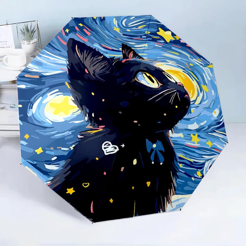 Starry Night Cat 8-Frame for Travel, Camping, Casual Lightweight Portable Umbrella, Essential for Every Family Holidays Birthday Gift