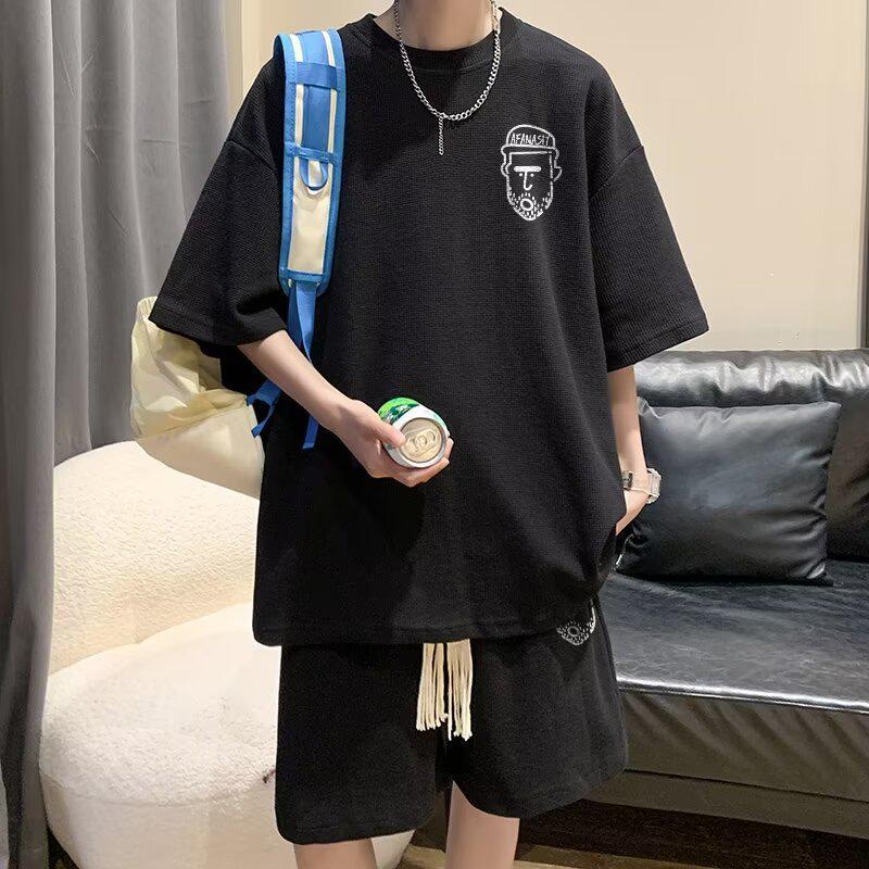 Summer 2024 Men's Hong Kong Style Waffle Sportswear: Trendy Short Sleeve T-Shirt & Shorts Set for Teens