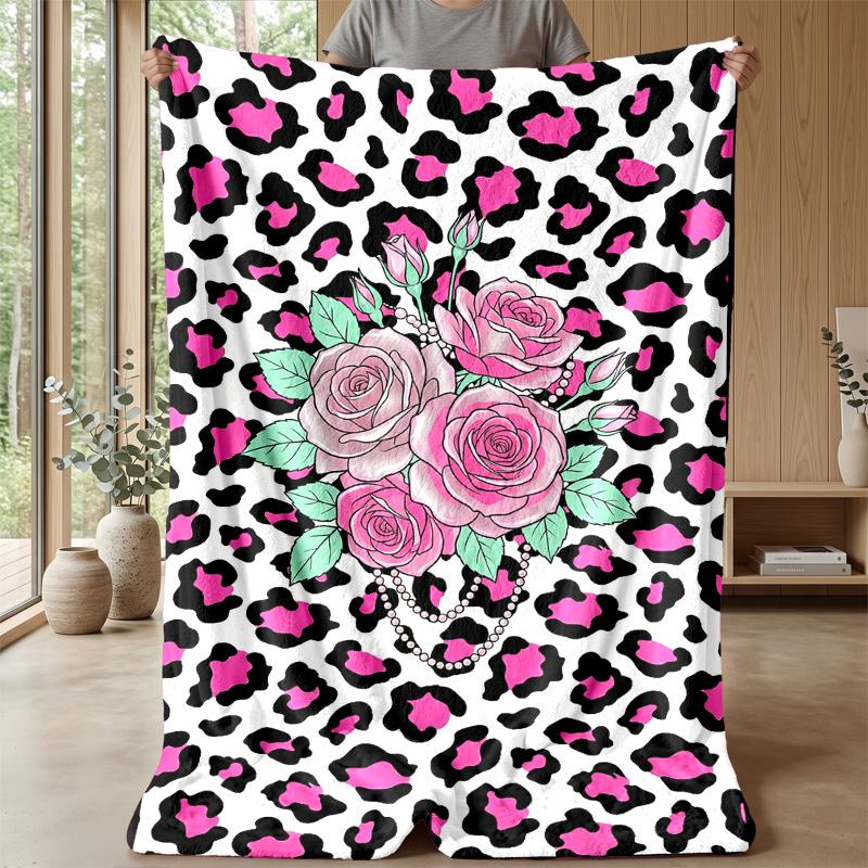 Pink Roses on Leopard Print 2 Theme blanket Lightweight Warm Flannel Blanket Decorative Throw Blanket for Home Decoration