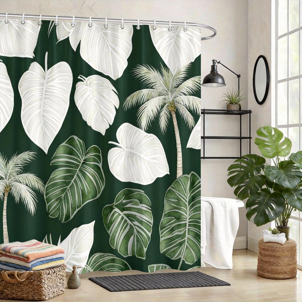 Tropical Leaves Shower Curtain 180x180cm – Olive Green Monstera Pilea Philodendron, Boho Minimalist Bathroom Decor, 12 Hooks