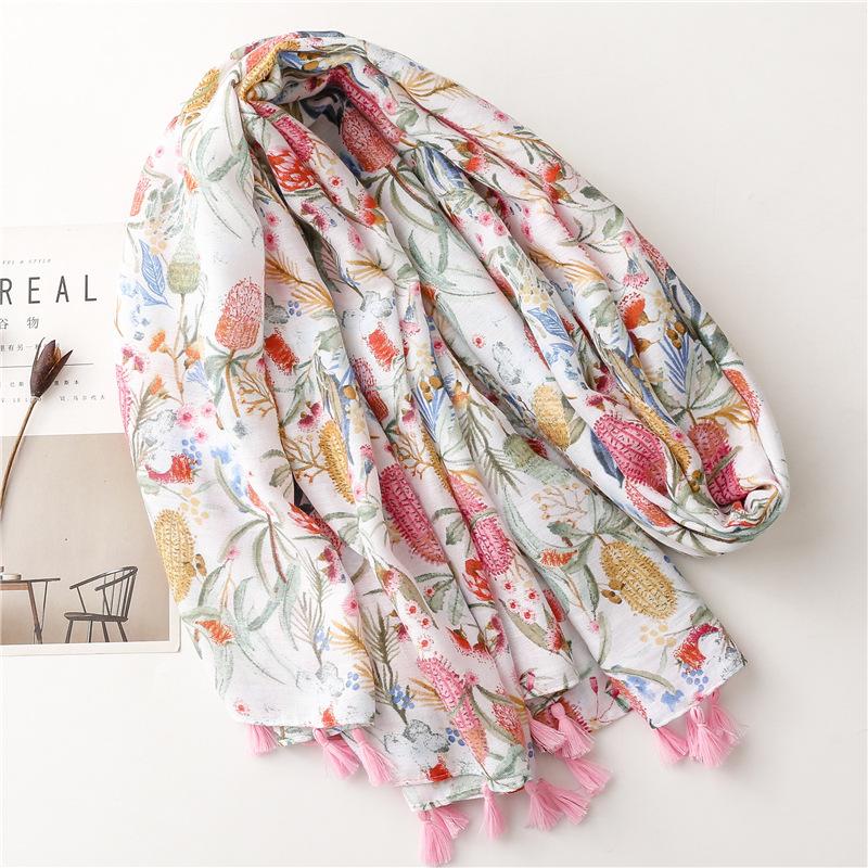 New Women Fashion Luxury Aztec Floral Tassel Viscose Scarf Lady Print Soft Shawls and Wraps Pashmina Muslim Hijab Snood 180*90Cm