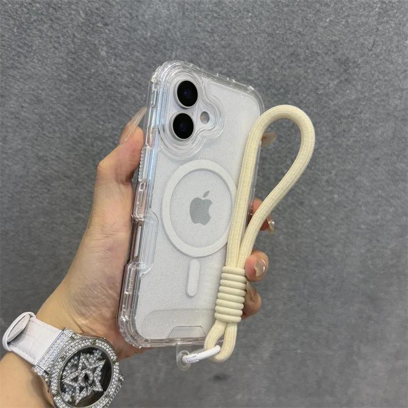 Třpytivé pouzdro s popruhem na zápěstí pro iPhone 16 1 14 Pro Max Plus 11 12 13 Magnetický řemínek Průhledný Bling kryt