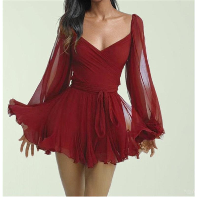 Women Spring Summer Lady Holiday Dresses Hollow Out Lantern Sleeve Mini Dress Sexy Solid V Neck Green Mesh Short Vestidos