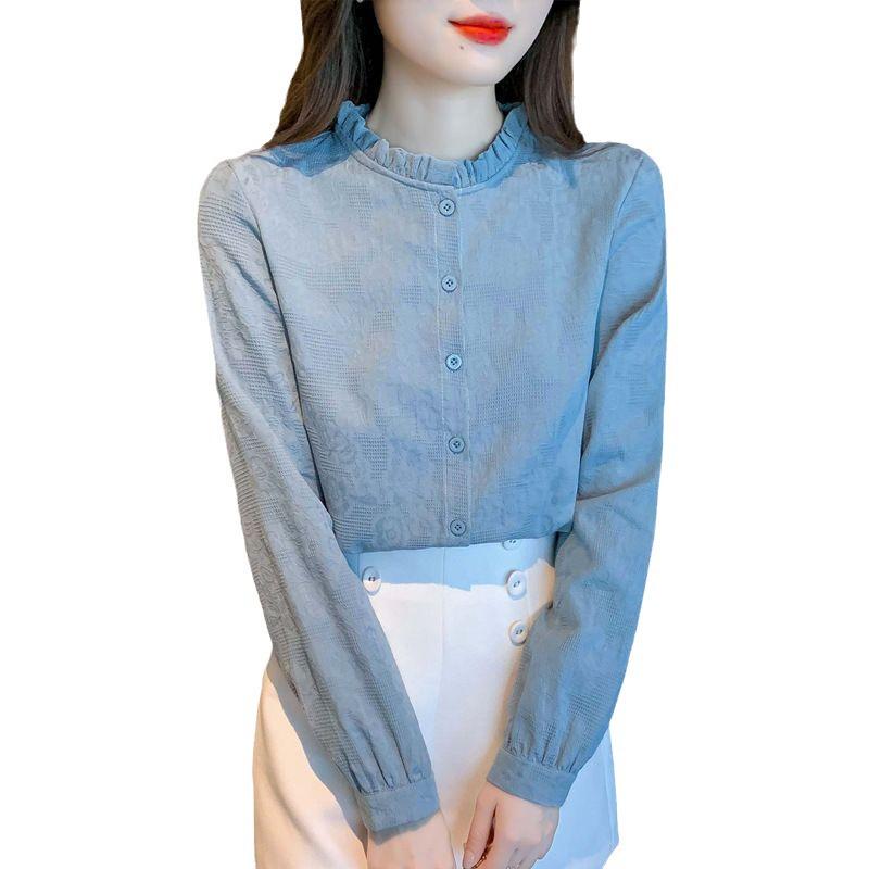 Spring & Autumn 2024 Women's Jacquard Cotton Shirt with Ruffled Collar - Fashionable & Versatile