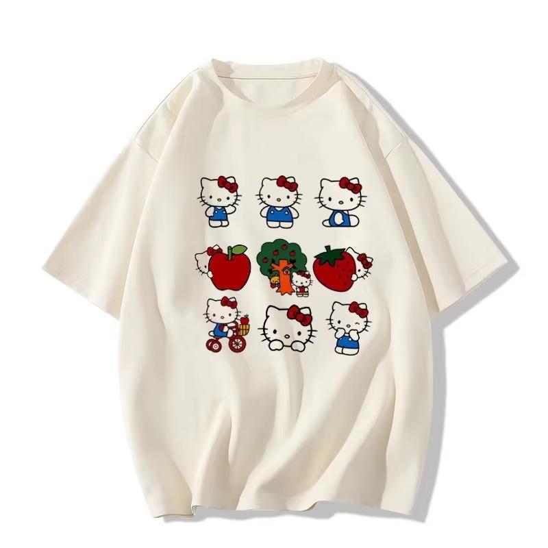 2026 Summer Hello Kitty Fruit  Play Oversized Tshirt High Quality 100 Cotton Apple  Strawberry Print Unisex Casual Tee