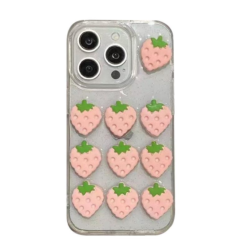 Three-Dimensional Strawberry Transparent Mobile Phone Case For Iphone15Promax Glitter Apple 16 Pink Girl Heart 17
