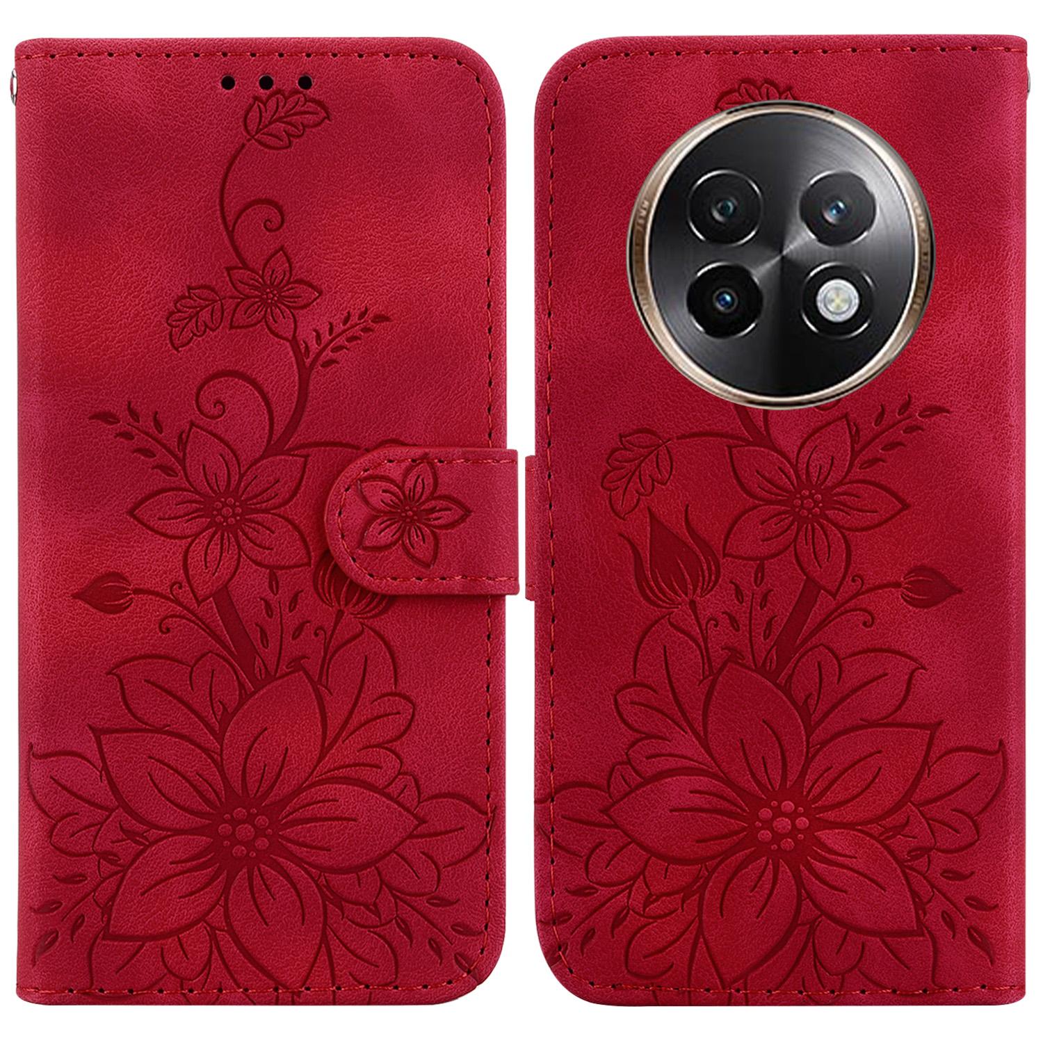 

Для Realme 13+ 5G/13 Pro 5G (Китай) Чехол Кожаный Чехол для Телефона с Тиснением Лилии и Подставкой Red