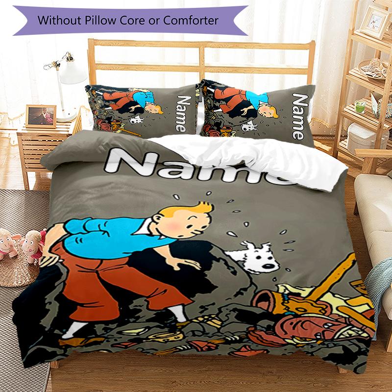 Juego de Ropa de Cama de 3 Piezas con Nombre Personalizado Las Aventuras de Tintín Cierre de Funda Nórdica Incluye 1 Funda Nórdica y 2 Fundas de Almohada para Todas las Estaciones Decoración de Dormitorio