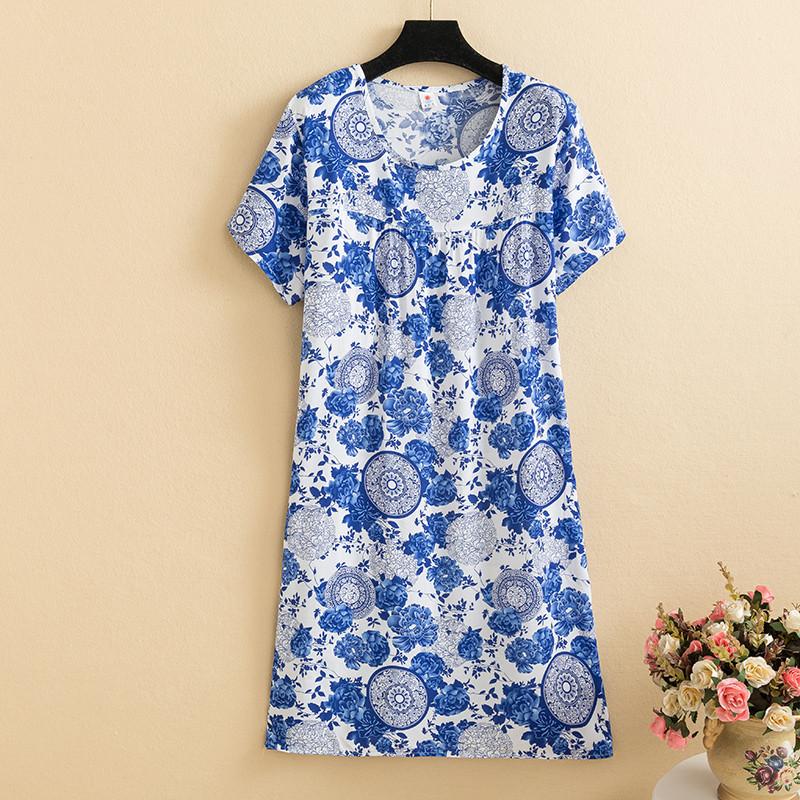 Mom summer dress medium and long pure cotton silk nightdress year-old new Chinese women's knee skirt