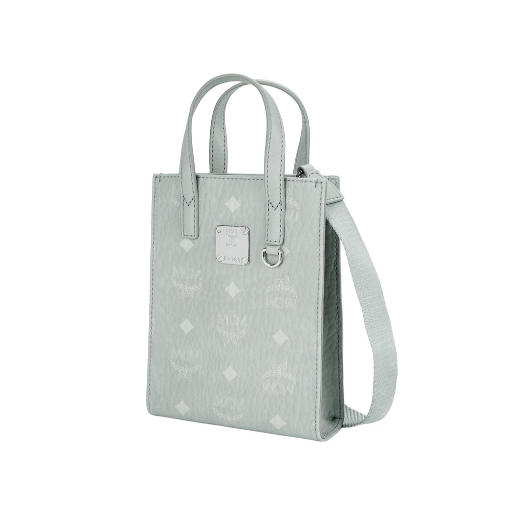 MCM Aren Monogramm-Print Abnehmbarer verstellbarer Schultergurt Beschichtetes Canvas Napa-Lederbesatz Tote Einkaufstasche Mini Damen Tote Tasche Grau MMTCSKC02FP001