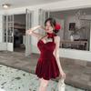 Collar low-cut golden velvet waist hanging neck base dress halter pure desire Christmas burgundy short dress
