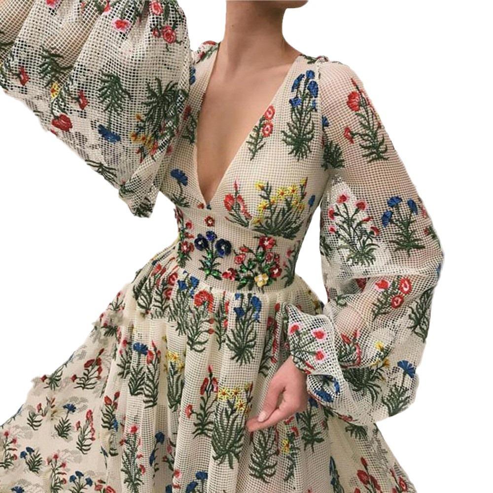2025 new dress bohemian retro pattern colorful embroidered sexy loose dress
