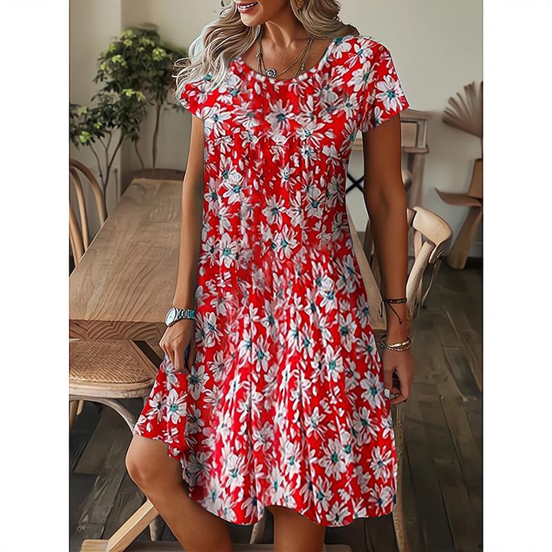 2023 Summer Women's Casual Crewneck Loose Printed Short-sleeved Dress