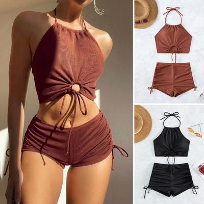 2Pcs/Set Women Summer Bikini Set Hollow Out Halter Bra High Waist Side Drawstring Swimming Trunks Set Bathing Suit Beachwear