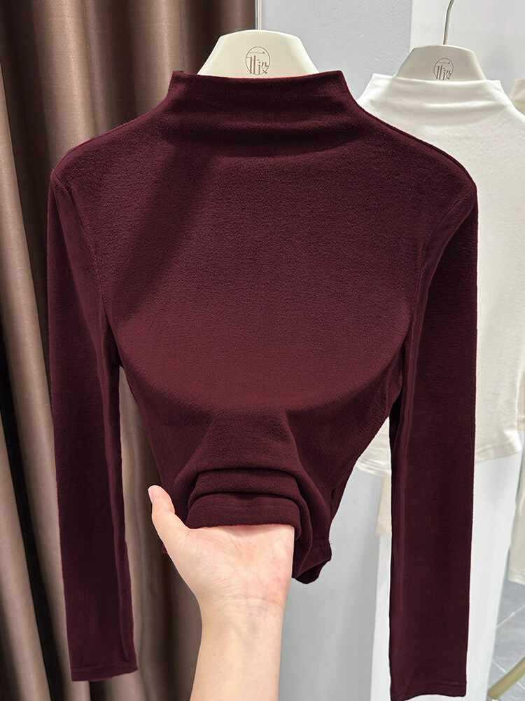 Women's Slim-Fit Gray Thermal Long-Sleeve T-Shirt with Half-High Neck for Autumn/Winter