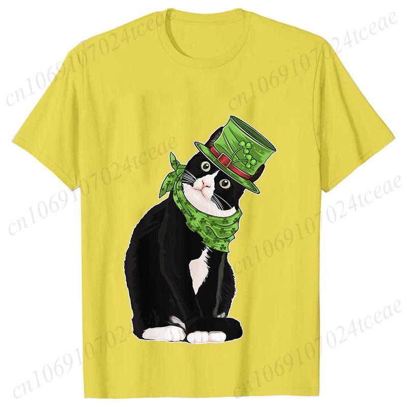 St Patricks Day Print Tshirt Unisex Summer Short Sleeve Tshirts Cut Black Cat with Leprechaun Hat Funny Irish Fashion Tee Tops