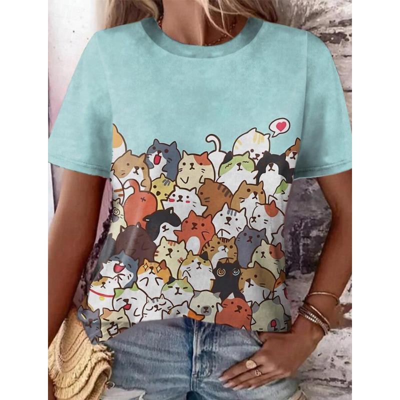 Summer Round Neck 3D Cute Cat and Dog Print Top Fashionable Casual Short Sleeved Women's T-shirts