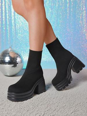 Women'S Casual Slip-On Knitted Ankle Boots High Heel Thick Bottom Fashion Platform Short Sock Boots Dress Breathable Shoes