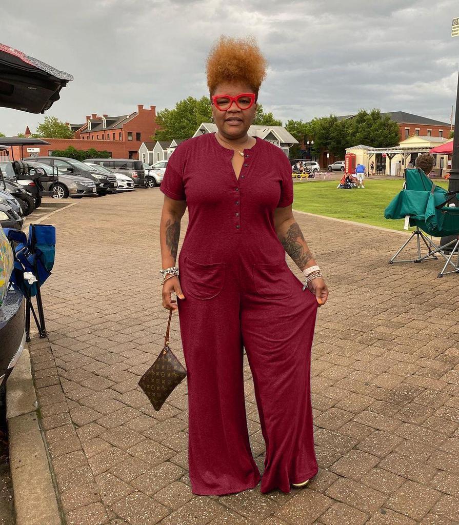 Plus Size Women's Fashion Casual Button Jumpsuit - European and American Style