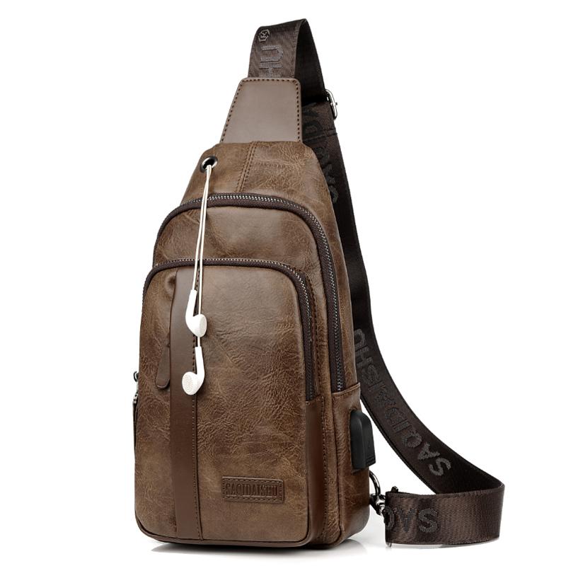 Men's Outdoor USB Chest Bag Crossbody Bag Retro PU Shoulder Bag